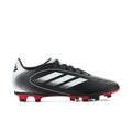 Men's black and white soccer cleats with red outsole studs
