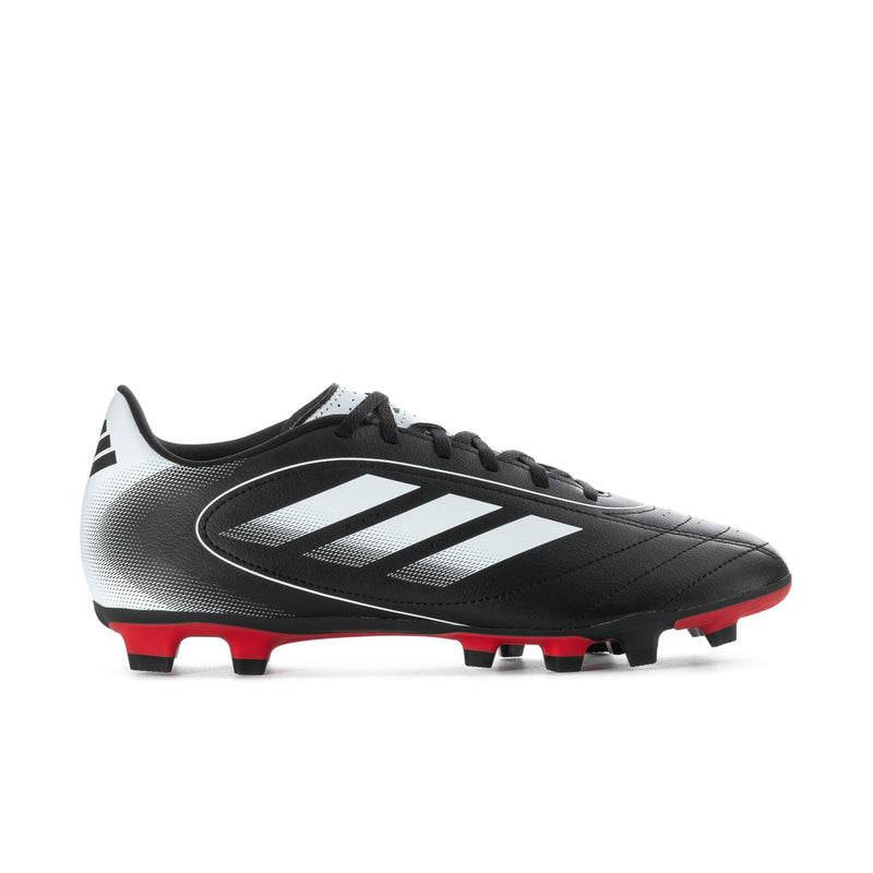 Men's black and white soccer cleats with red outsole studs