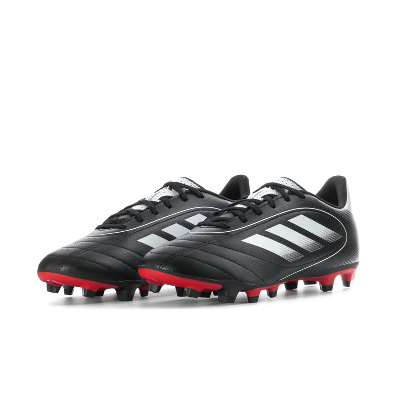 Men's black soccer cleats with large white logo stripes and red studs