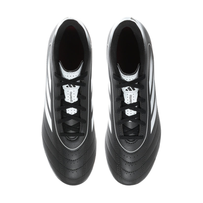 Men's black lace-up soccer cleats with white trim around the opening