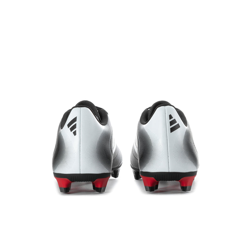 Men's white and black soccer cleats with red cleat studs