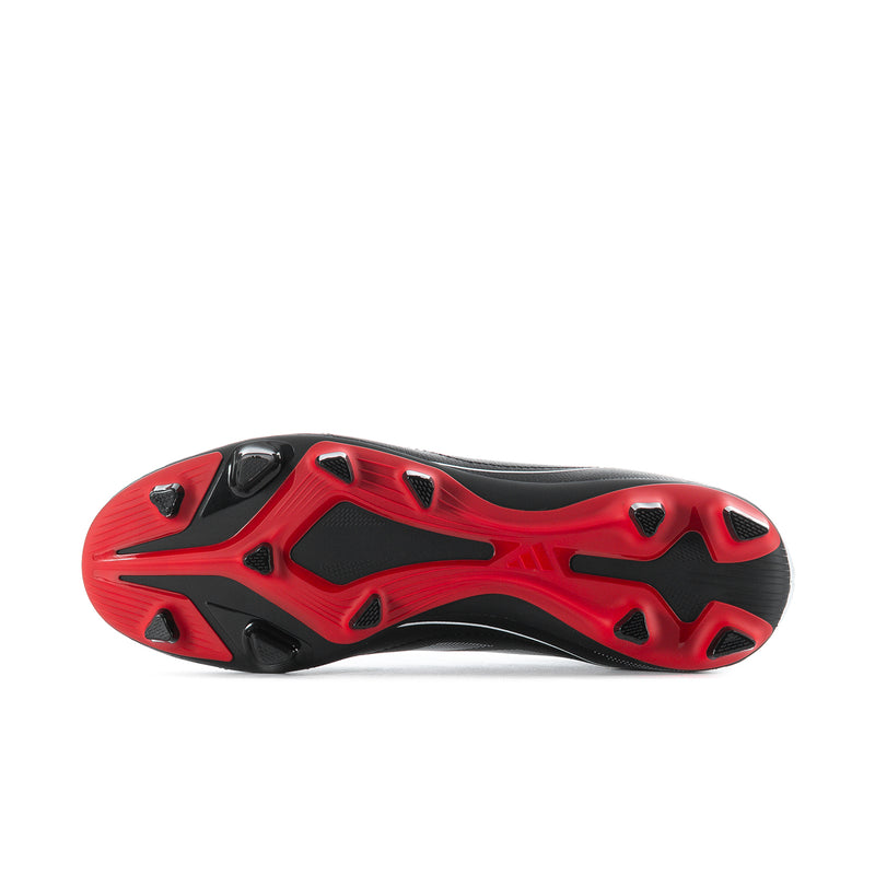 Men's soccer cleat outsole with red traction studs and black grip pads