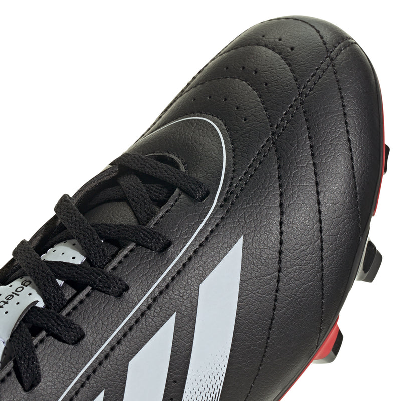 Men's black soccer cleats with white stripe detail and black lace-up