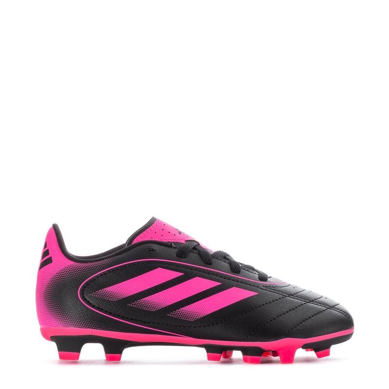 Kids black and pink lace-up soccer cleat with molded studs and glossy stripes