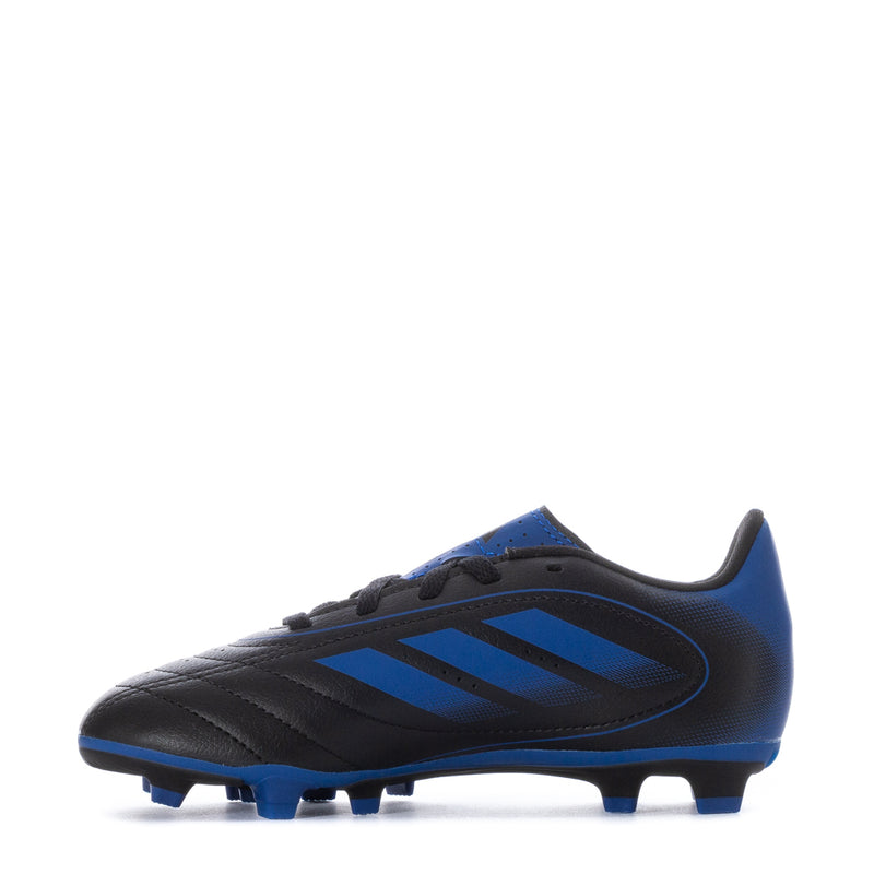 Kids black-and-blue soccer cleat, side view, lace-up with blue stripe detail