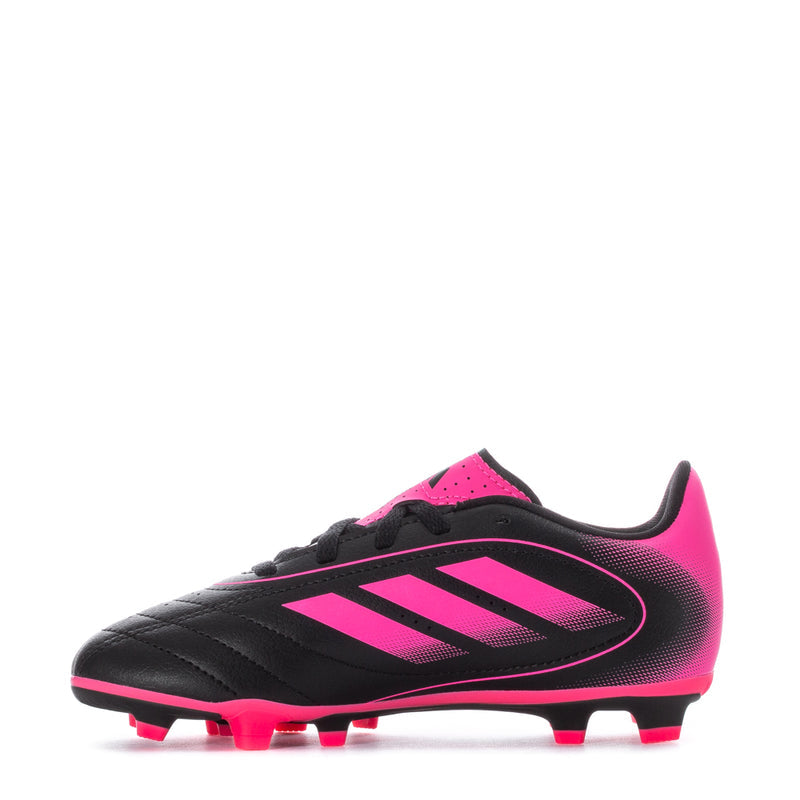 Kids black and pink soccer cleat, side view with lace-up design and molded studs