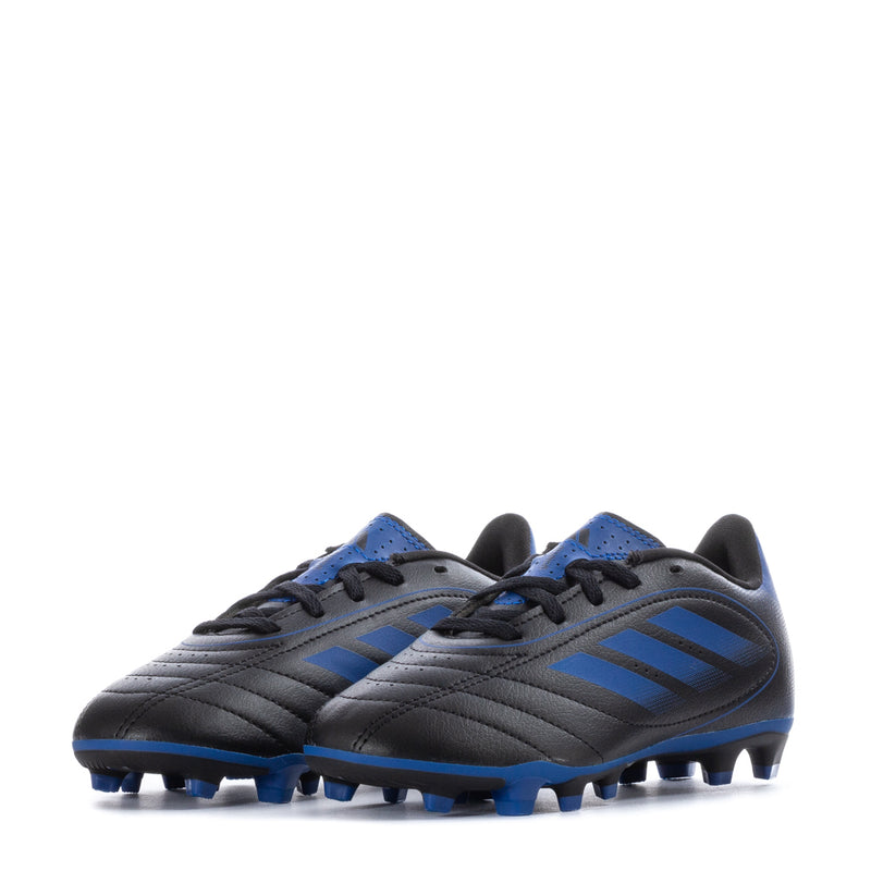 Kids black-and-blue soccer cleat pair, lace-up with stripe panels