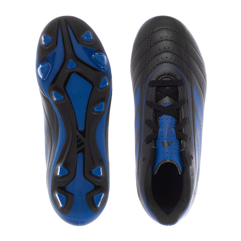 Kids soccer cleat showing outsole pattern and front opening, black with blue accents