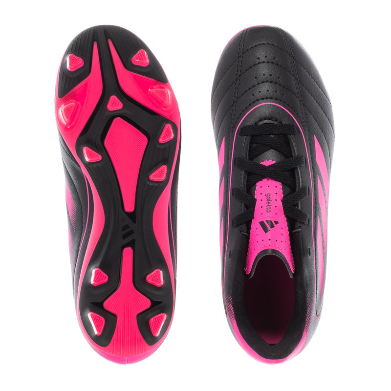 Kids black and pink soccer cleat outsole and side view with molded studs