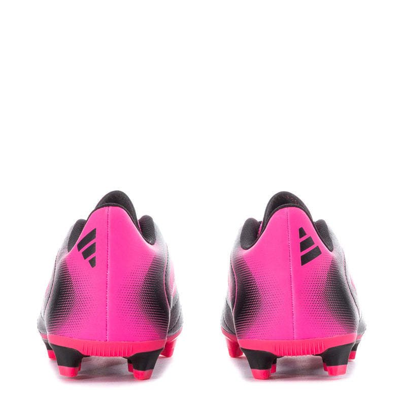 Kids black and pink soccer cleats, rear view with molded heel studs