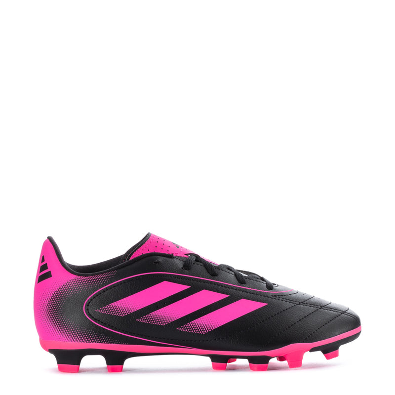 Youth soccer cleat, black with pink accents, pink laces and studded sole