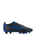 Youth soccer cleats side view: black-and-blue upper with laces and blue 3-stripe