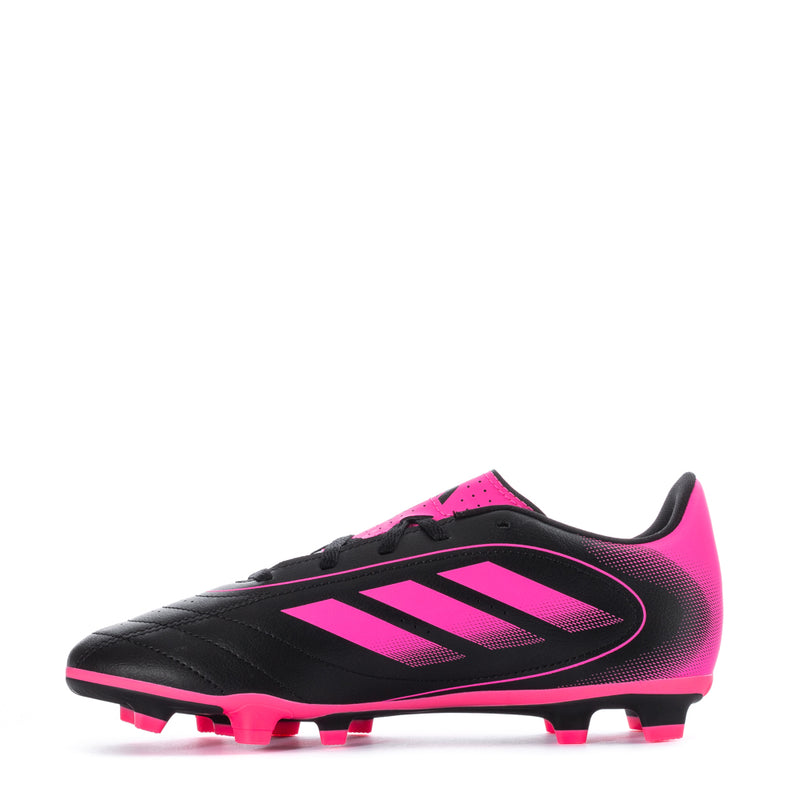 Youth soccer cleat, black and pink, side logo with studded outsole