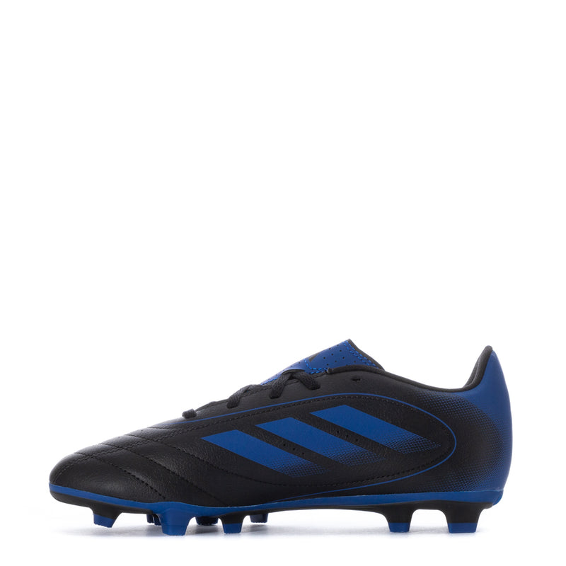 Youth soccer cleats profile with black upper, blue stripes, and blue-studded sole
