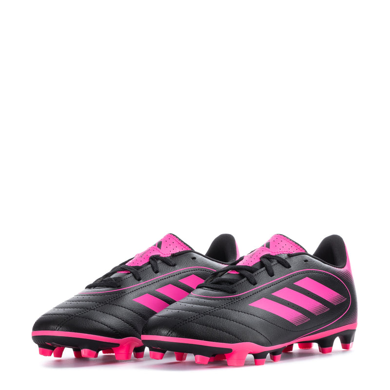 Youth soccer cleat pair, black with pink stripes and studded ground