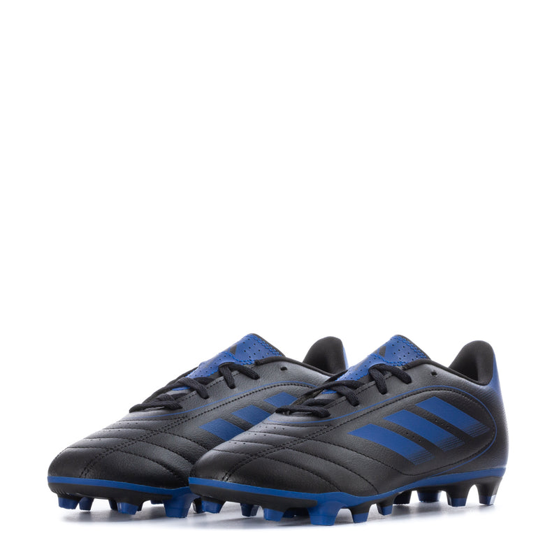 Youth soccer cleats 3/4 view, black with blue stripes and lace-up front studs