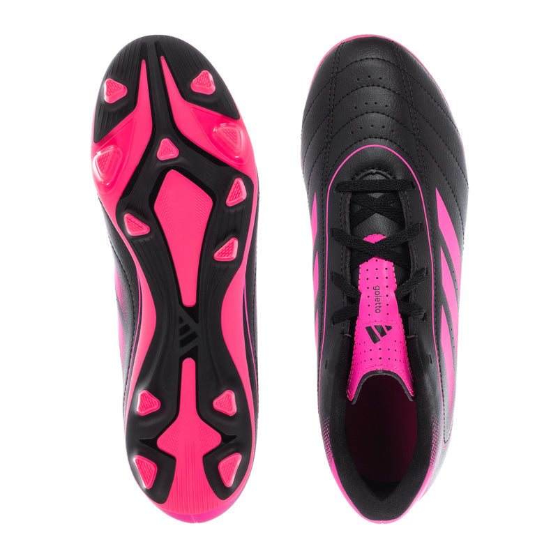 Youth soccer cleat pair, bottom view with pink studs and black upper