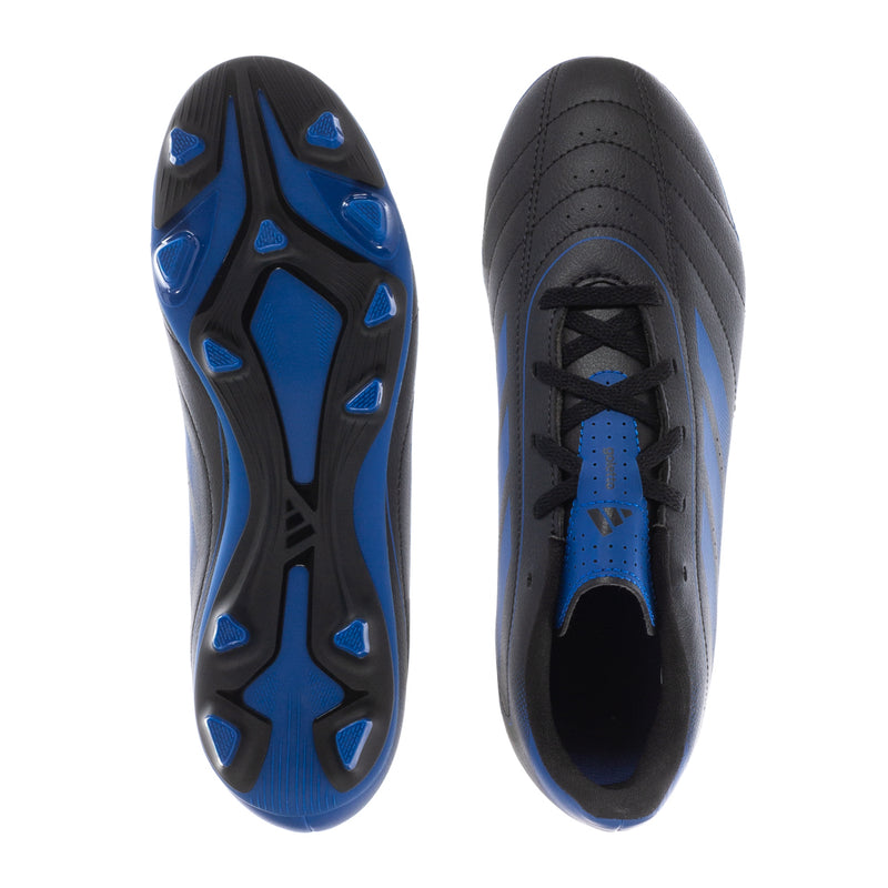 Youth soccer cleats with black upper and blue accents, lace-up FG/MG studs