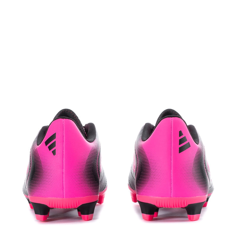 Youth soccer cleat heel view, black and pink with studded outsole