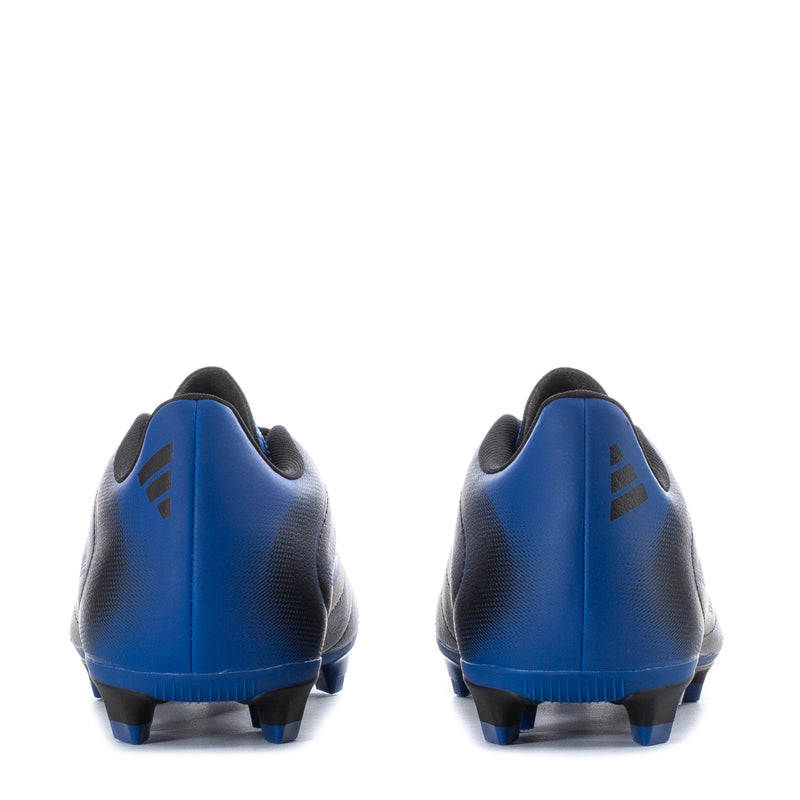 Youth soccer cleats, black and blue heels with molded studs and lace loops