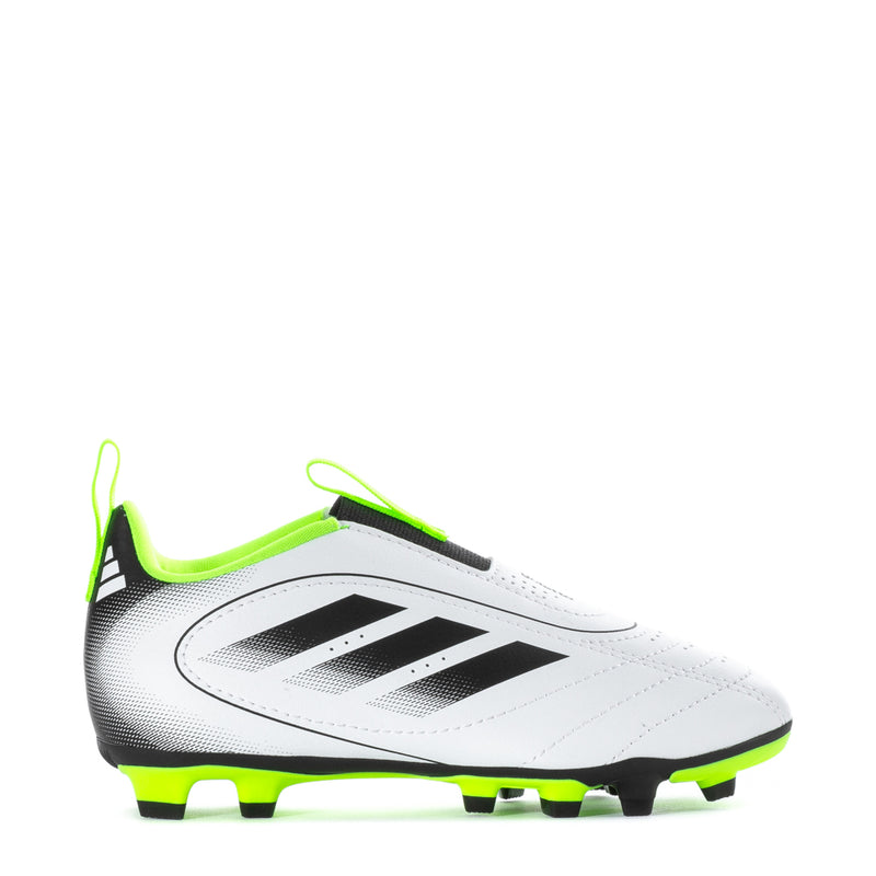 Kids soccer cleats, white/black with neon green trim and FG ground studs