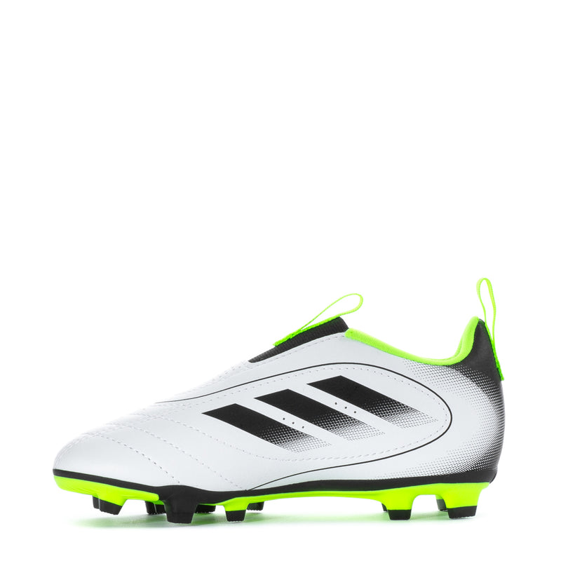Kids soccer cleats side view, white upper with black logo and neon green FG sole