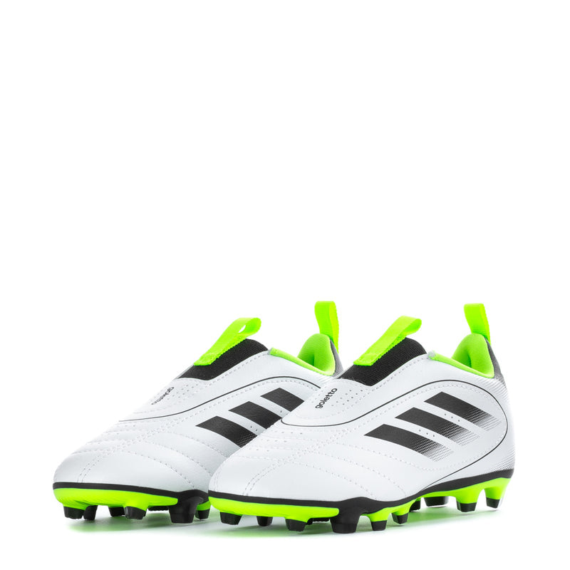 Kids soccer cleats front view, white with neon green accents and black heel panels