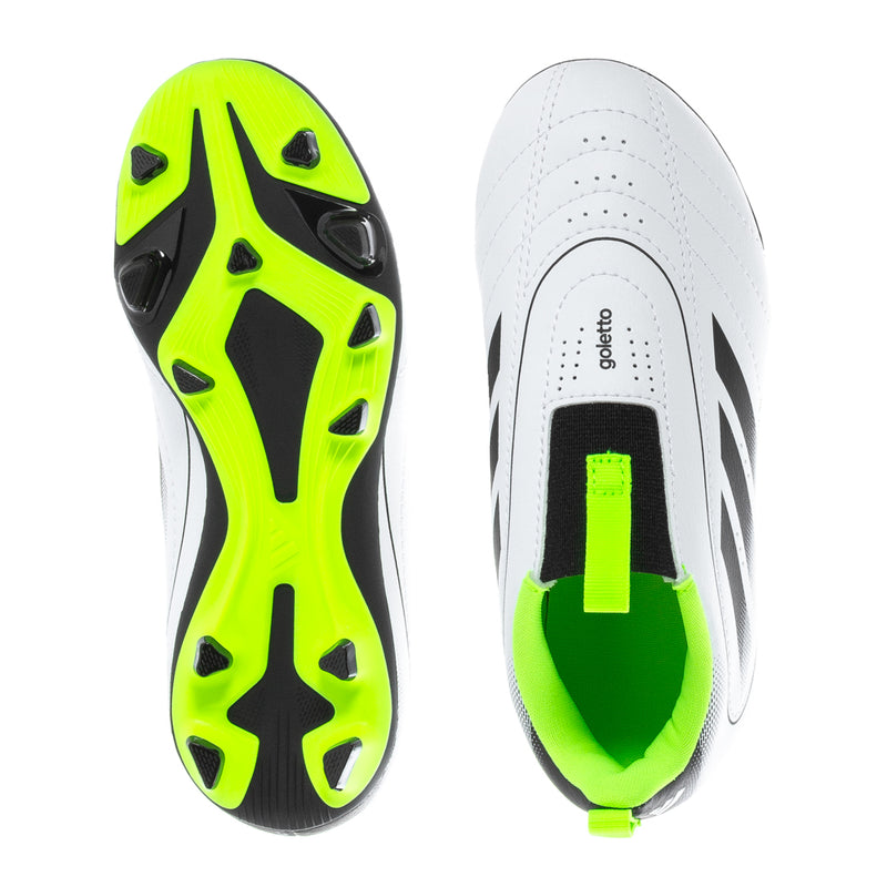 Kids soccer cleats outsole and insole, neon green studs and white upper