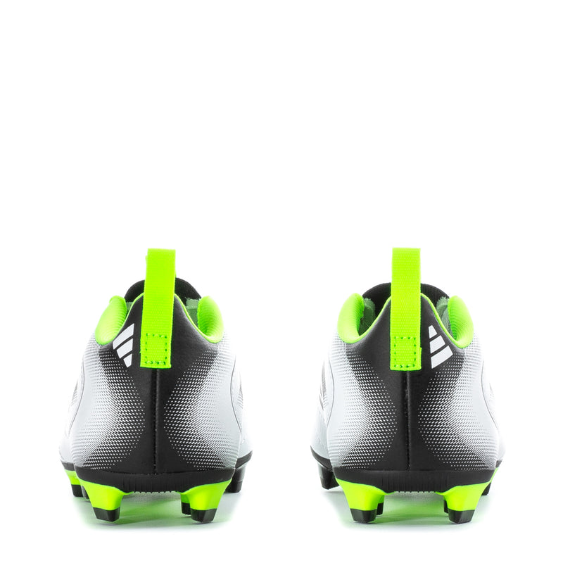 Kids soccer cleats heel view, black heel panel with neon green accents