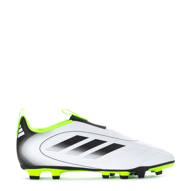 Youth soccer cleat, white and black with neon green accents, molded studs