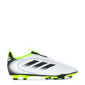 Youth soccer cleat, white and black with neon green accents, molded studs