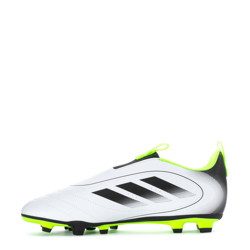Youth soccer cleat, white upper with black stripes and neon green collar, studs