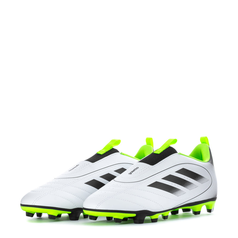 Youth soccer cleat pair, white with black stripes and neon green laces, molded studs