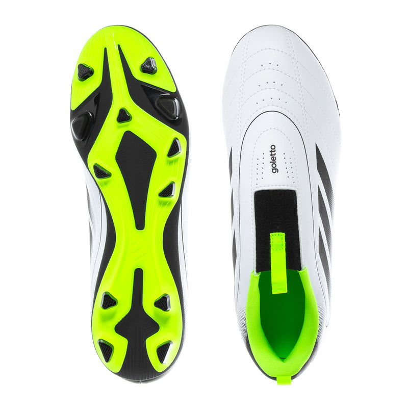 Youth soccer cleat outsole and insole view, neon green soleplate and studs