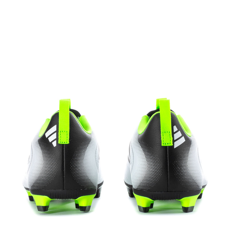 Youth soccer cleat heel view, black back with neon green trim and molded studs