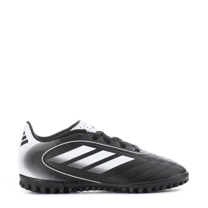 Kids black and white turf soccer cleats, lace-up with 3 stripe logo