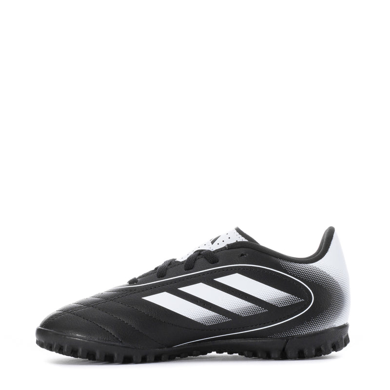 Kids black and white turf soccer cleats with molded studs and 3 stripe
