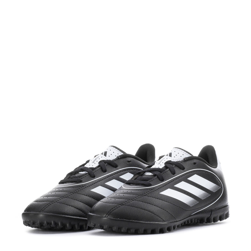 Kids black and white turf soccer cleats, pair view with lace-up and stripes