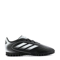 Youth black-and-white turf soccer cleat with three white stripes and lace-up