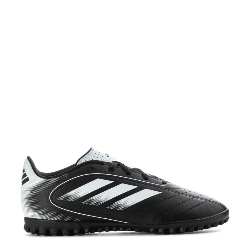 Youth black-and-white turf soccer cleat with three white stripes and lace-up