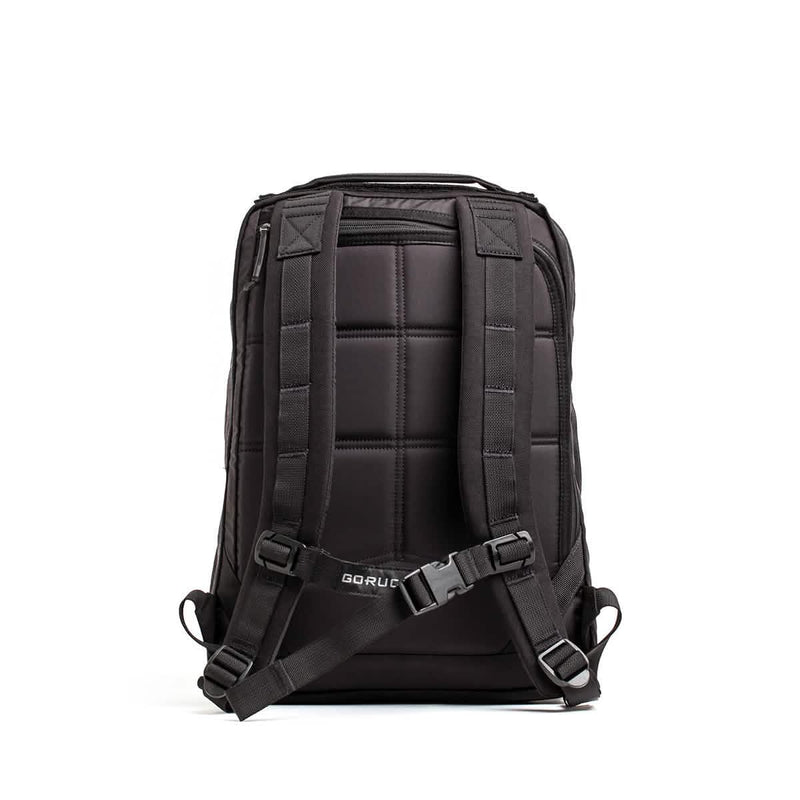 GORUCK black rucking backpack rear view with padded shoulder straps and sternum buckle