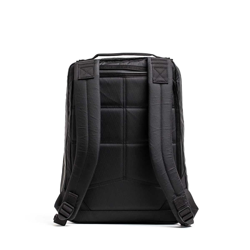 GORUCK black rucksack backpack, padded straps, rugged design, shown from back, white background