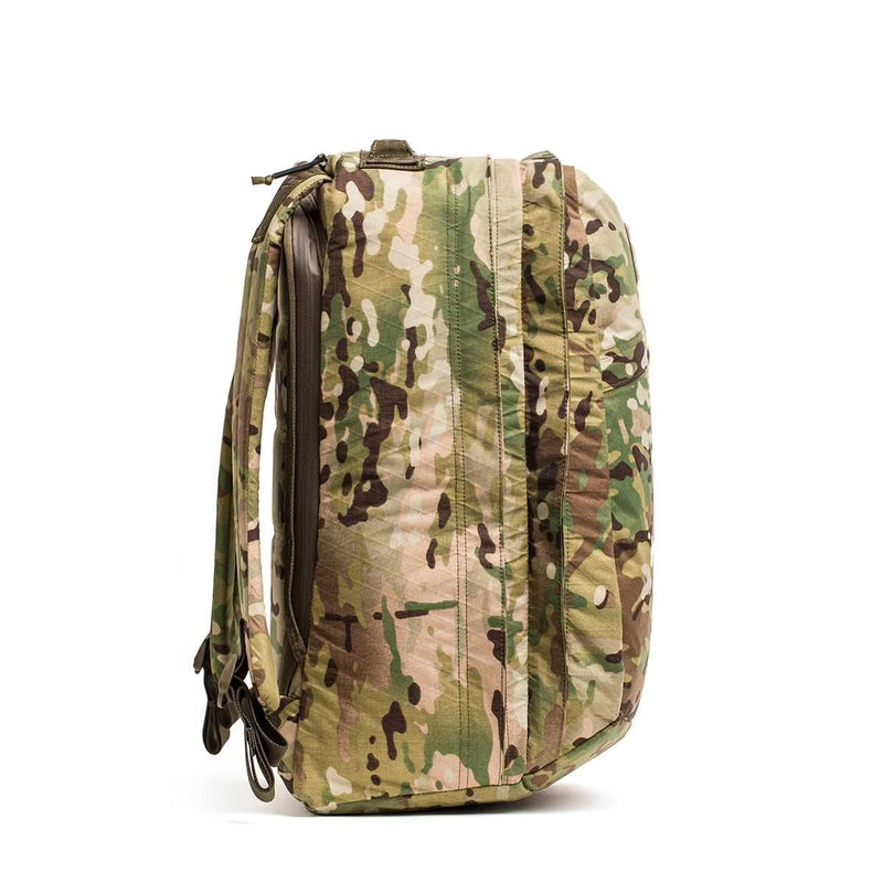 GORUCK GR2 34L backpack in Multicam X-Pac fabric, side view, rugged camo rucksack