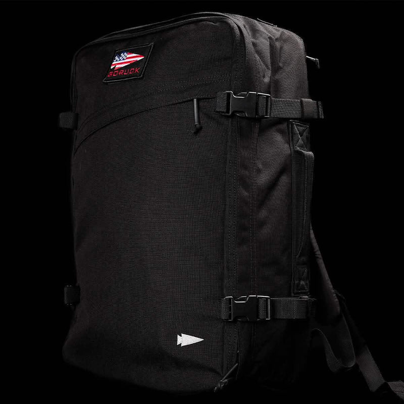 GORUCK black rucksack backpack with American flag patch, rugged gear for rucking