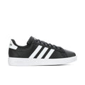 Men's black adidas court sneakers with three white side stripes and white sole
