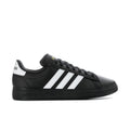 Men's black low-top sneakers with white triple stripes and lace-up design