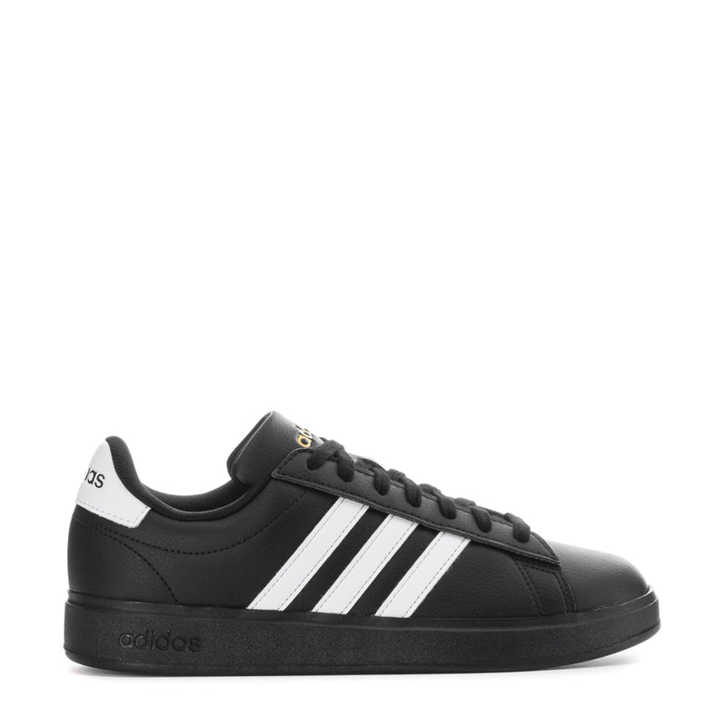 Women's adidas Grand Court 2.0 black low-top sneakers with three white stripes, lace-up