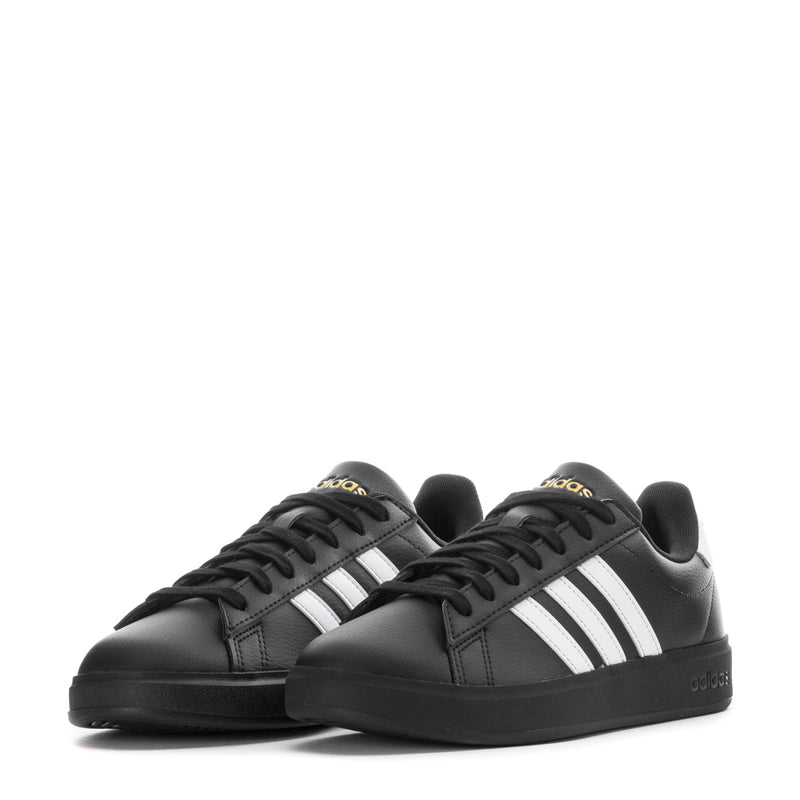 Pair of Women's adidas Grand Court 2.0 black low-top sneakers with white triple side stripes