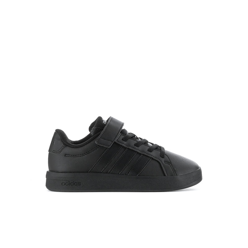 Kids black sneakers with hook-and-loop strap and lace-up front.