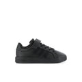 Kids black sneakers with hook-and-loop strap and lace-up front.